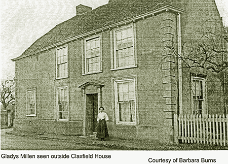 Claxfield House front with Gladys Millen standing