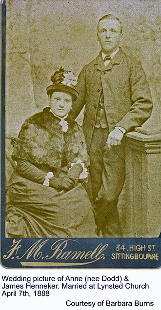 Wedding picture of Anne (nee Dodd) and James Henneker. Married at Lynsted Church 7th April 1888