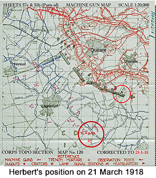 Map of the area around Queant machine gun emplacements