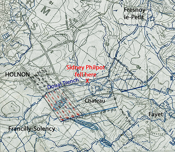 Map showing where Sidney Philpot fell outside Holnon in Douai Trench