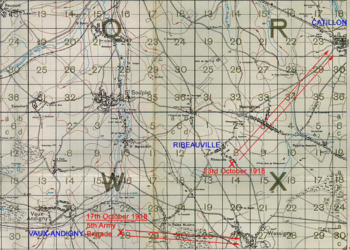 Map showing the front at Vaux-Andigny and Ribeauvilles