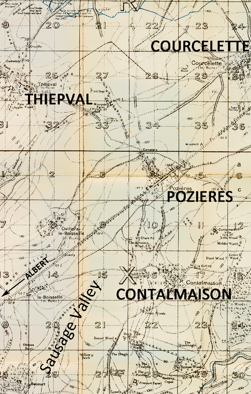 Map of the Pozieres, Contalmaison,  Sausage Valley