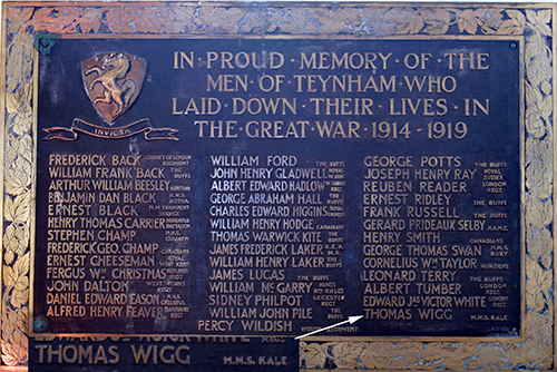 THomas Wigg remembered on the Teynham Church Memorial