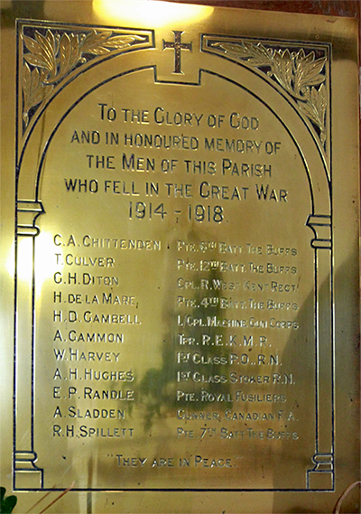War Memorial Plaque in Bapchild Church of St Laurence