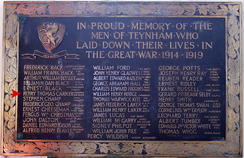 Teynham Memorial plaque indicating  Henry Thomas Carrier