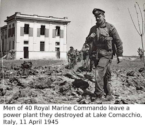 Men of 40 Royal COmmando leave a power plant they destroyed at Lake Comacchio, Italy, 11th April 1945