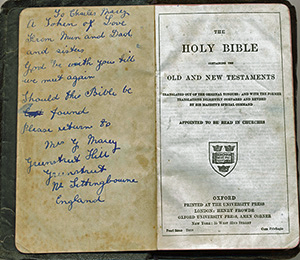 Charles Macey's Bible carried during WW1 fighting - inscription